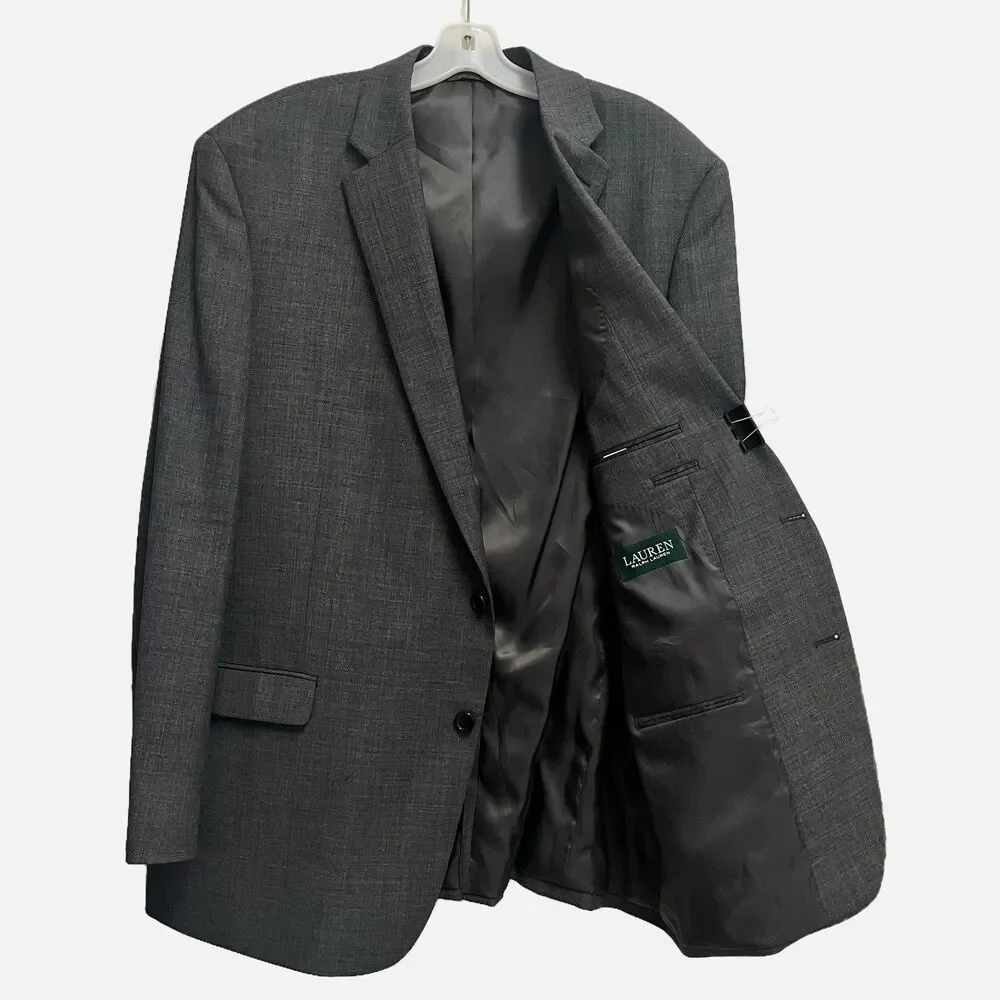 Lauren Ralph Lauren Solid Gray Sport Coat Blazer 2 Button Size 46L Wool EUC